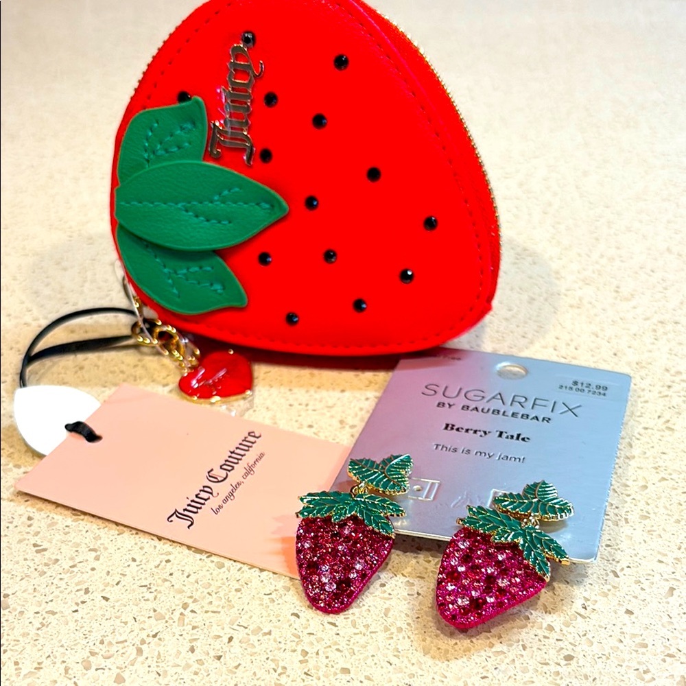 Juicy Couture NWT Red Strawberry Coin Purse w:Pink Glitter Strawberry Earrings